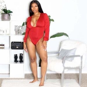 Deep V Red Long-Sleeve Bodysuit